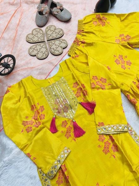 Yellow Chinon Silk Embroidered Sharara Suit for Girls with Dupatta At Wholesale Rates Girls Wear