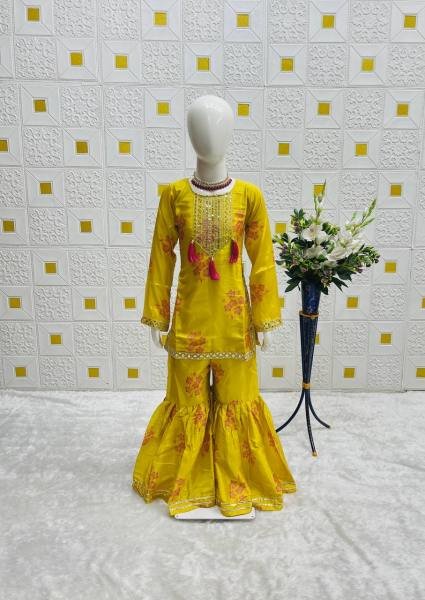 Yellow Chinon Silk Embroidered Sharara Suit for Girls with Dupatta At Wholesale Rates Girls Wear