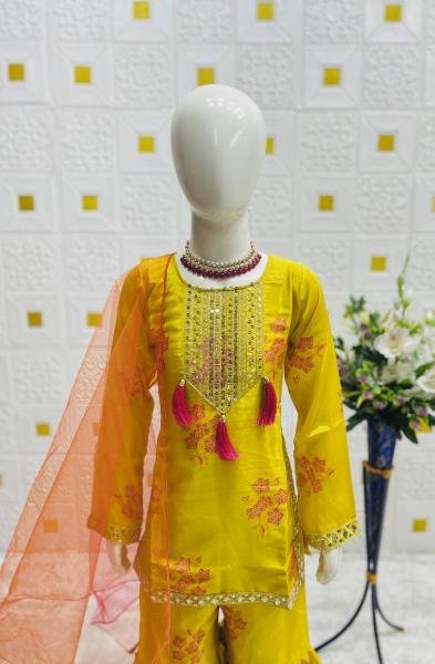 Yellow Chinon Silk Embroidered Sharara Suit for Girls with Dupatta At Wholesale Rates Girls Wear