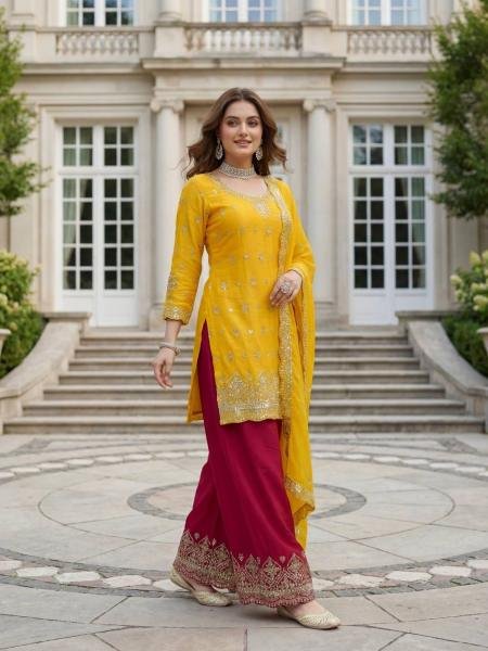 Yellow Chinon Silk Suit Set with Sequence and Zari Work At Best Rates Eid Special Outfits