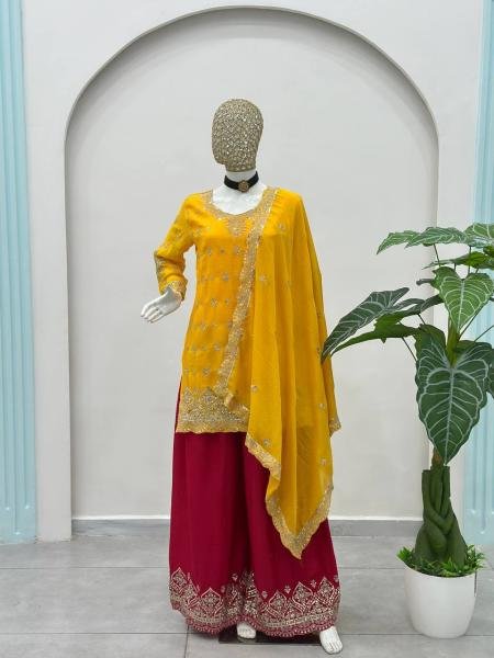 Yellow Chinon Silk Suit Set with Sequence and Zari Work At Best Rates Ready To Wear Collection