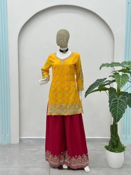 Yellow Chinon Silk Suit Set with Sequence and Zari Work At Best Rates Ready To Wear Collection