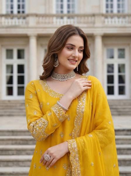 Yellow Chinon Silk Suit Set with Sequence and Zari Work At Best Rates Ready To Wear Collection