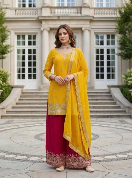 Yellow Chinon Silk Suit Set with Sequence and Zari Work At Best Rates Ready To Wear Collection