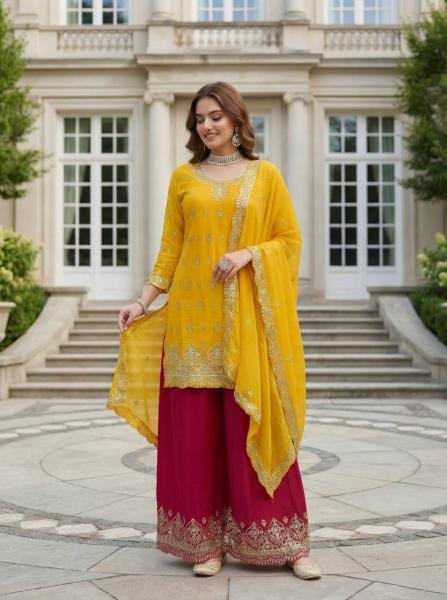 Yellow Chinon Silk Suit Set with Sequence and Zari Work At Best Rates Ready To Wear Collection