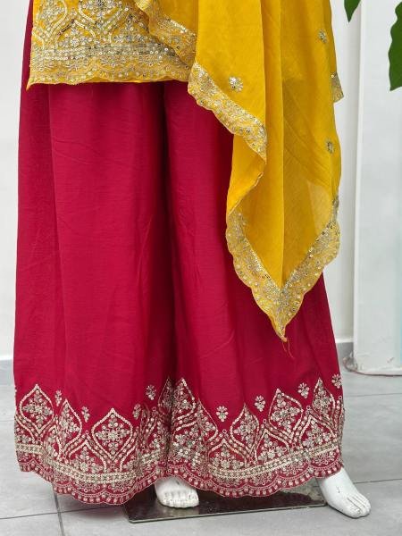Yellow Chinon Silk Suit Set with Sequence and Zari Work At Best Rates Ready To Wear Collection