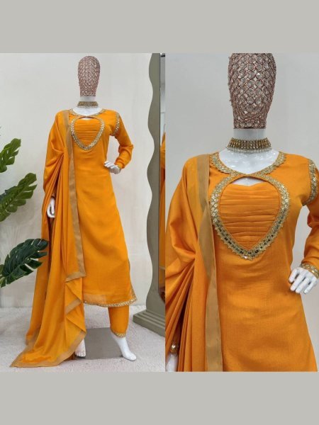 Yellow Chinon Silk Suit - Thread & Sequins Work with Lace Dupatta Ready To Wear Collection