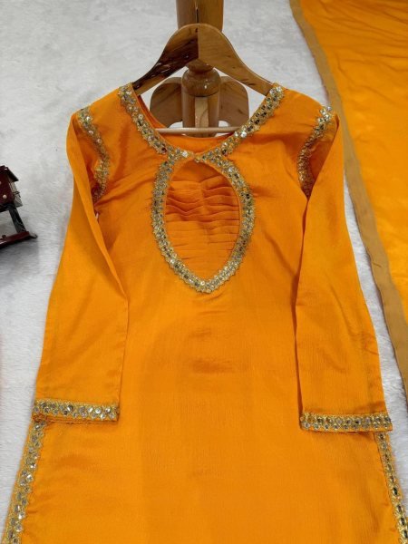 Yellow Chinon Silk Suit - Thread & Sequins Work with Lace Dupatta Ready To Wear Collection