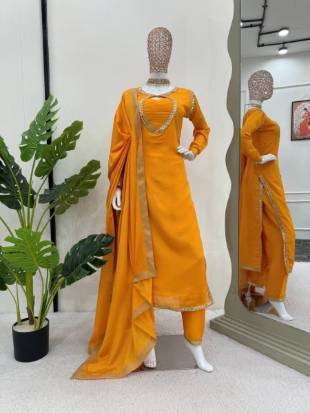 Yellow Chinon Silk Suit - Thread & Sequins Work with Lace Dupatta Ready To Wear Collection