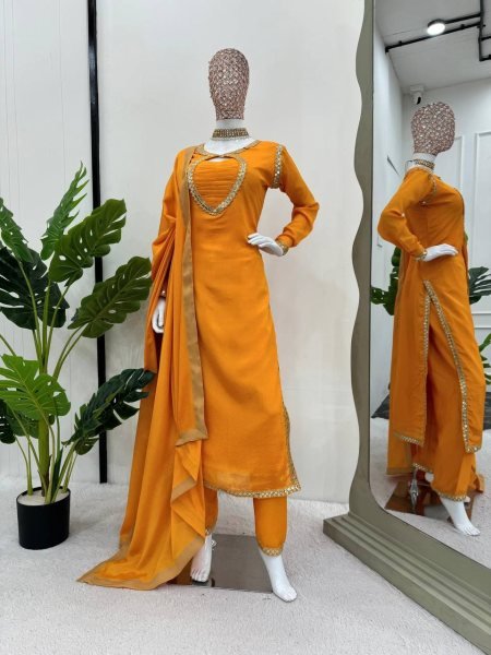 Yellow Chinon Silk Suit - Thread & Sequins Work with Lace Dupatta Ready To Wear Collection
