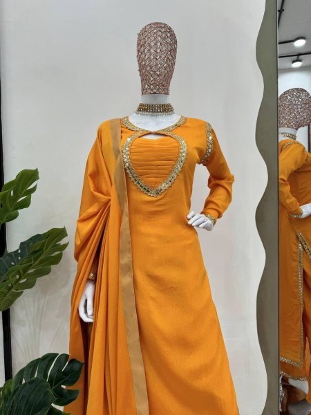 Yellow Chinon Silk Suit - Thread & Sequins Work with Lace Dupatta Ready To Wear Collection