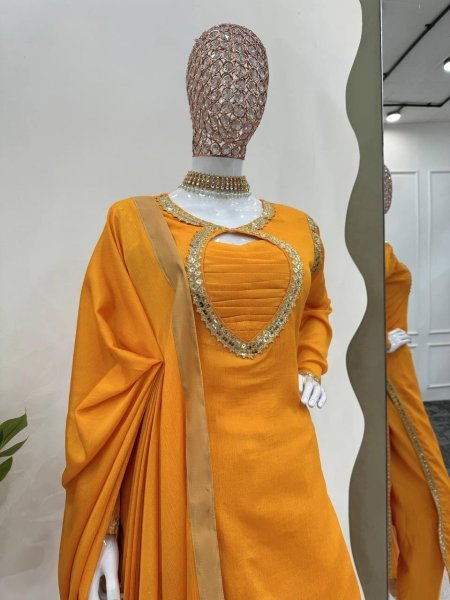 Yellow Chinon Silk Suit - Thread & Sequins Work with Lace Dupatta Ready To Wear Collection