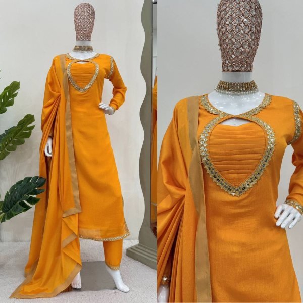 Yellow Chinon Silk Suit - Thread & Sequins Work with Lace Dupatta Ready To Wear Collection