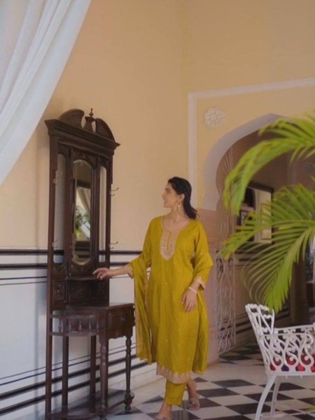Yellow Chinon Suit Set with Heavy Embroidery and Dupatta for Festive Wear Kurtis