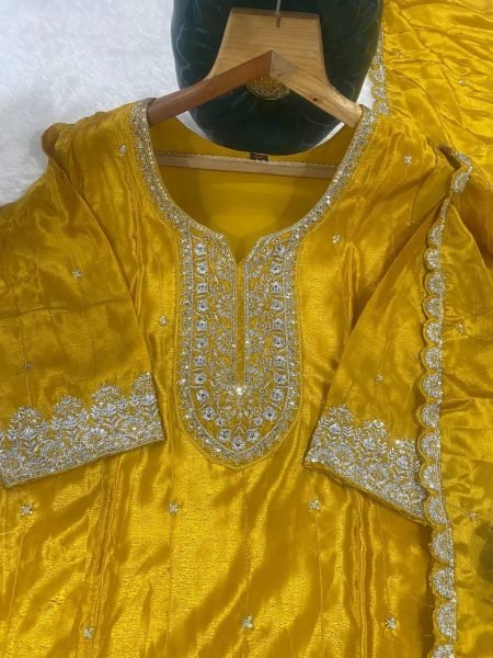 Yellow Chinon Suit Set with Heavy Embroidery and Dupatta for Festive Wear  Straight Cut Long Kurtis