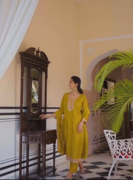 Yellow Chinon Suit Set with Heavy Embroidery and Dupatta for Festive Wear  Straight Cut Long Kurtis
