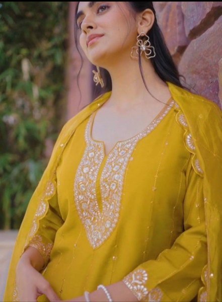 Yellow Chinon Suit Set with Heavy Embroidery and Dupatta for Festive Wear  Straight Cut Long Kurtis