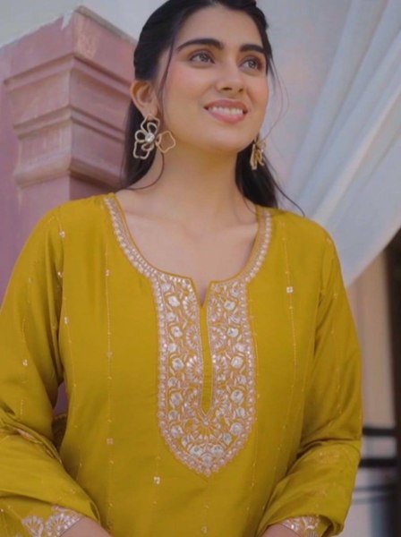 Yellow Chinon Suit Set with Heavy Embroidery and Dupatta for Festive Wear  Straight Cut Long Kurtis