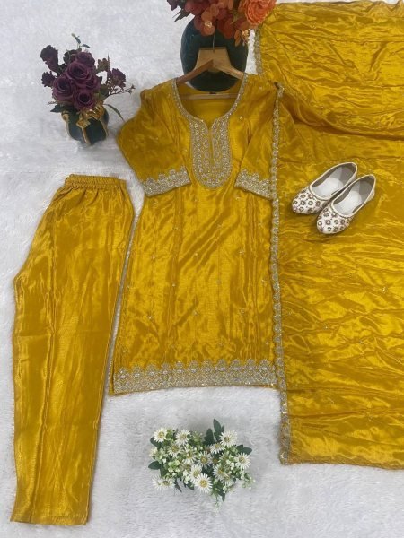 Yellow Chinon Suit Set with Heavy Embroidery and Dupatta for Festive Wear  Straight Cut Long Kurtis