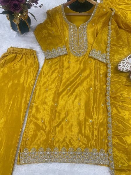 Yellow Chinon Suit Set with Heavy Embroidery and Dupatta for Festive Wear  Straight Cut Long Kurtis