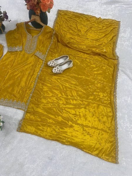Yellow Chinon Suit Set with Heavy Embroidery and Dupatta for Festive Wear  Straight Cut Long Kurtis
