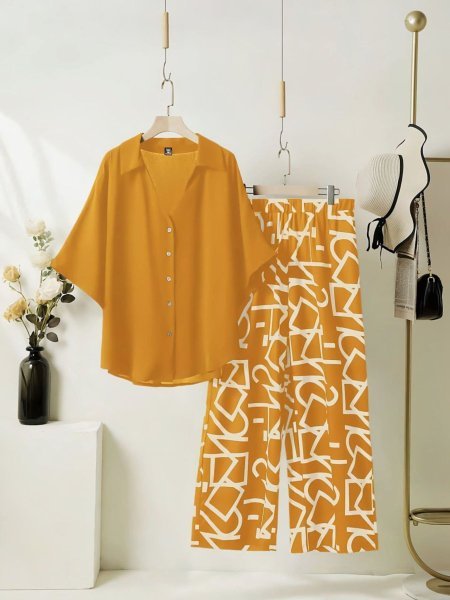 Yellow Co ord Set With Bold Print Palazzo Fresh Womens Dailywear Kurtis