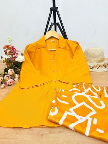 Yellow Co ord Set With Bold Print Palazzo Fresh Womens Dailywear CO ORD Sets