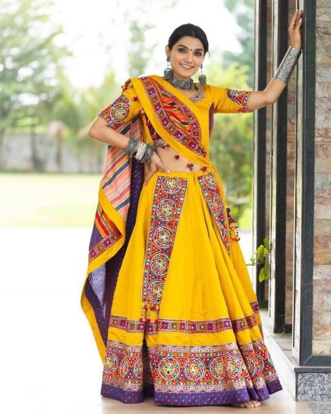 Yellow Color Butter Silk Lehenga Choli With Embroidery Work  Navratri Lehnega Choli