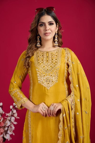 Yellow Color Chinon Silk Salwar Suit with Heavy Embroidery & Mirror Work At Manufacturer Rates Ready To Wear Collection