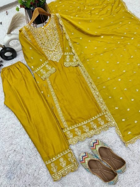 Yellow Color Chinon Silk Salwar Suit with Heavy Embroidery & Mirror Work At Manufacturer Rates Ready To Wear Collection