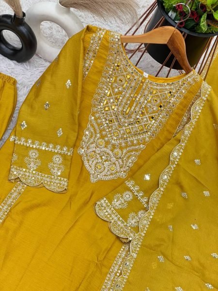 Yellow Color Chinon Silk Salwar Suit with Heavy Embroidery & Mirror Work At Manufacturer Rates Ready To Wear Collection