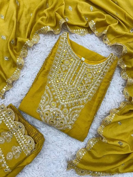 Yellow Color Chinon Silk Salwar Suit with Heavy Embroidery & Mirror Work At Manufacturer Rates Ready To Wear Collection