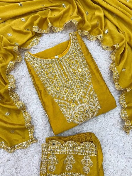 Yellow Color Chinon Silk Salwar Suit with Heavy Embroidery & Mirror Work At Manufacturer Rates Ready To Wear Collection