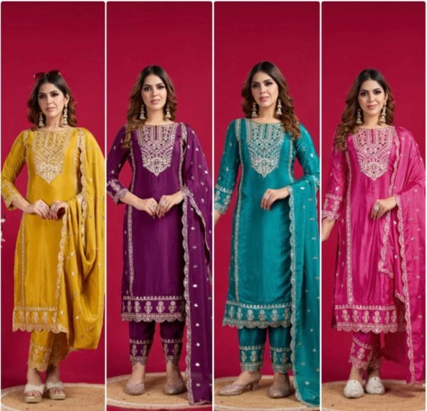 Yellow Color Chinon Silk Salwar Suit with Heavy Embroidery & Mirror Work At Manufacturer Rates Ready To Wear Collection