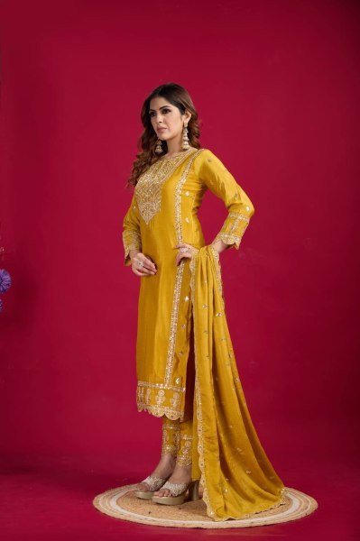 Yellow Color Chinon Silk Salwar Suit with Heavy Embroidery & Mirror Work At Manufacturer Rates Ready To Wear Collection
