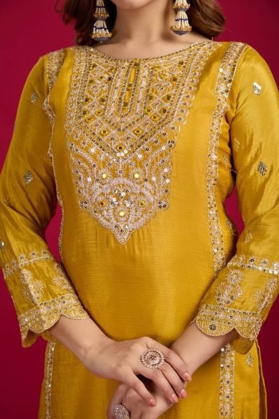 Yellow Color Chinon Silk Salwar Suit with Heavy Embroidery & Mirror Work At Manufacturer Rates Ready To Wear Collection