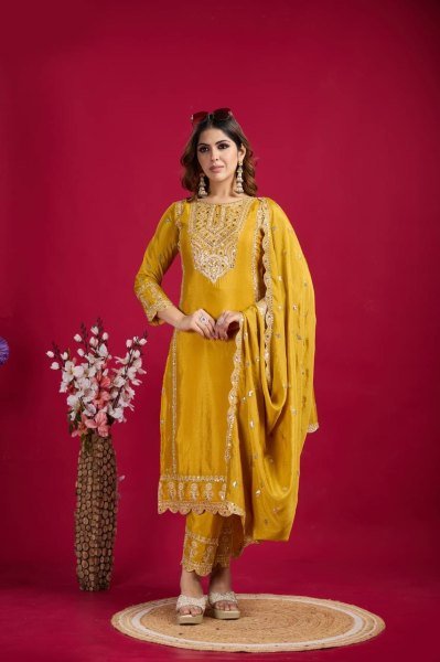 Yellow Color Chinon Silk Salwar Suit with Heavy Embroidery & Mirror Work At Manufacturer Rates Ready To Wear Collection