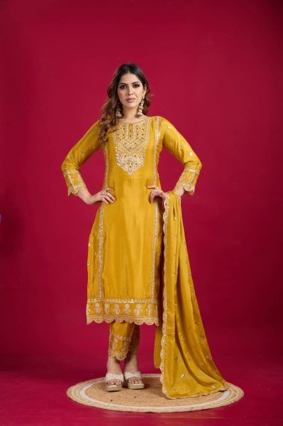 Yellow Color Chinon Silk Salwar Suit with Heavy Embroidery & Mirror Work At Manufacturer Rates Ready To Wear Collection