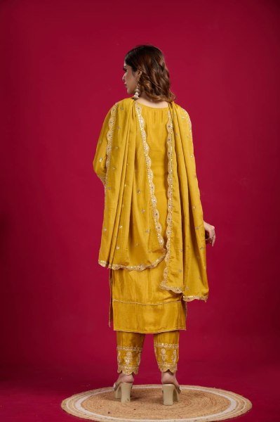 Yellow Color Chinon Silk Salwar Suit with Heavy Embroidery & Mirror Work At Manufacturer Rates Ready To Wear Collection