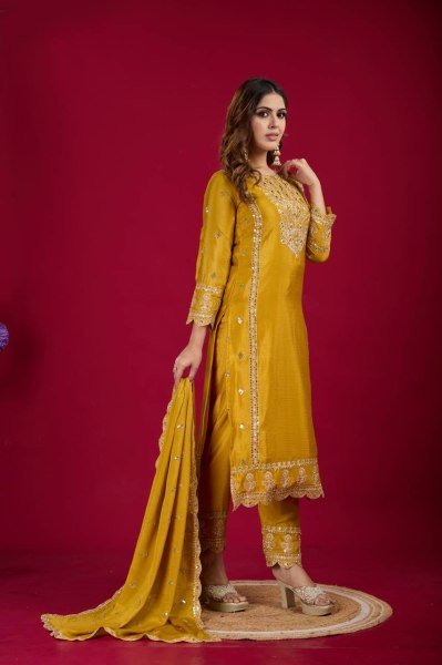 Yellow Color Chinon Silk Salwar Suit with Heavy Embroidery & Mirror Work At Manufacturer Rates Ready To Wear Collection