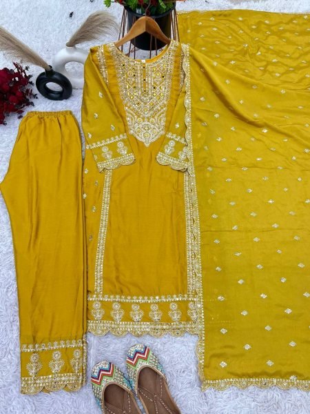 Yellow Color Chinon Silk Salwar Suit with Heavy Embroidery & Mirror Work At Manufacturer Rates Ready To Wear Collection