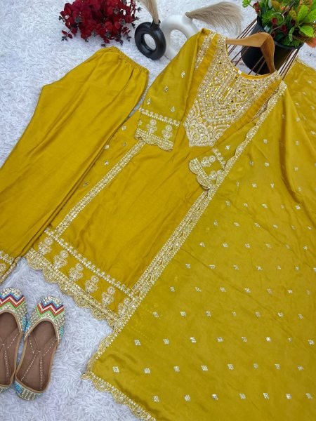 Yellow Color Chinon Silk Salwar Suit with Heavy Embroidery & Mirror Work At Manufacturer Rates Ready To Wear Collection