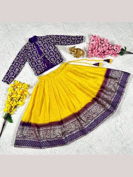 Yellow Color Chinon Silk Sequence Embroidery Lehenga Choli  Girls Wear