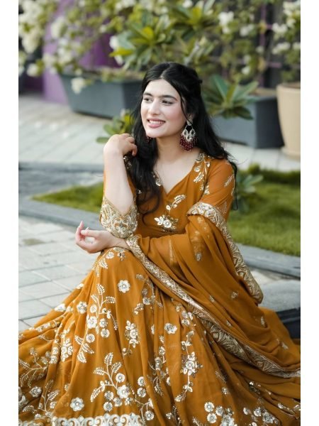 Yellow Color Designer Heavy Faux Georgette Anarkali Suit Set  Ready To Wear Collection