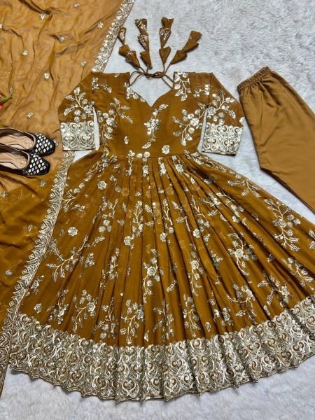 Yellow Color Designer Heavy Faux Georgette Anarkali Suit Set  Ready To Wear Collection