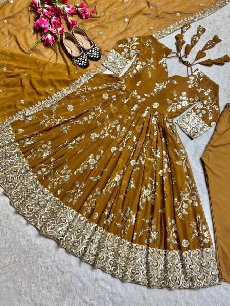 Yellow Color Designer Heavy Faux Georgette Anarkali Suit Set  Ready To Wear Collection