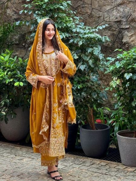 Yellow Color Faux Georgette Pakistani Suit  Designer Plazzo Salwar Suits Wholesale