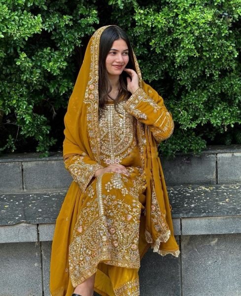 Yellow Color Faux Georgette Pakistani Suit  Designer Plazzo Salwar Suits Wholesale