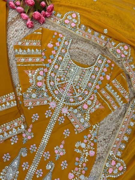 Yellow Color Faux Georgette Pakistani Suit  Designer Plazzo Salwar Suits Wholesale