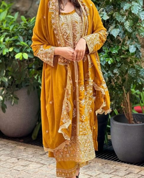 Yellow Color Faux Georgette Pakistani Suit  Designer Plazzo Salwar Suits Wholesale